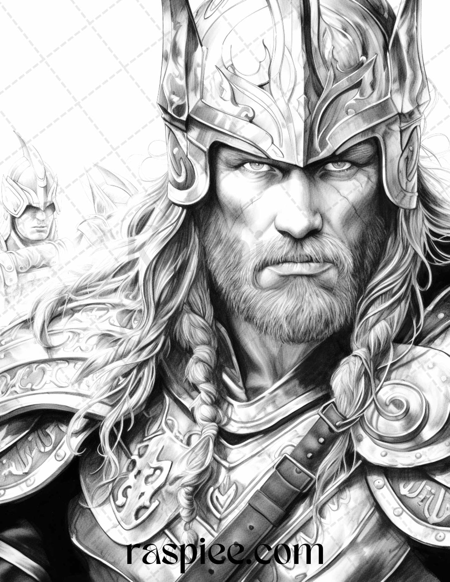 Viking warriors grayscale coloring page, Adult coloring printable of Viking art, Grayscale coloring image for stress relief, Mythical Nordic warriors coloring sheet, Detailed grayscale coloring design, Instant download Viking coloring page, Creative stress relief coloring sheet, Intricate grayscale art for coloring