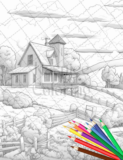 Charming Farmhouse Scenery Grayscale Coloring Pages Printable for Adults, PDF File Instant Download - raspiee