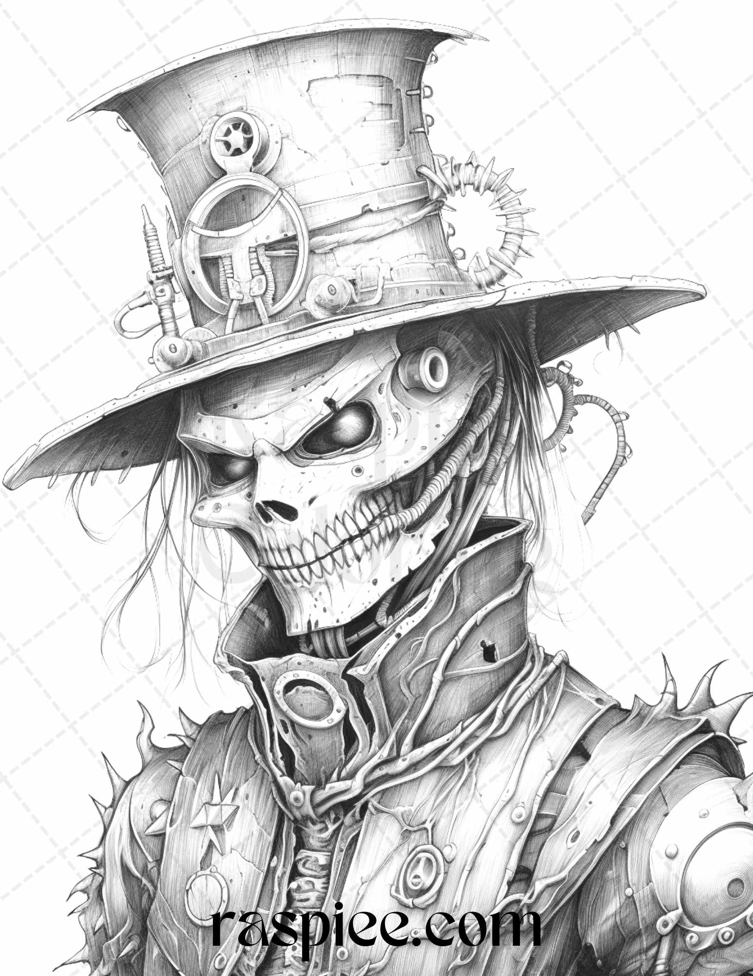 Scary Steampunk Scarecrow Coloring Page, Halloween Grayscale Coloring Printable, Intricate Adult Coloring Illustration, Detailed Gothic Coloring Page, Halloween-Themed DIY Coloring, Printable Creepy Halloween Decor