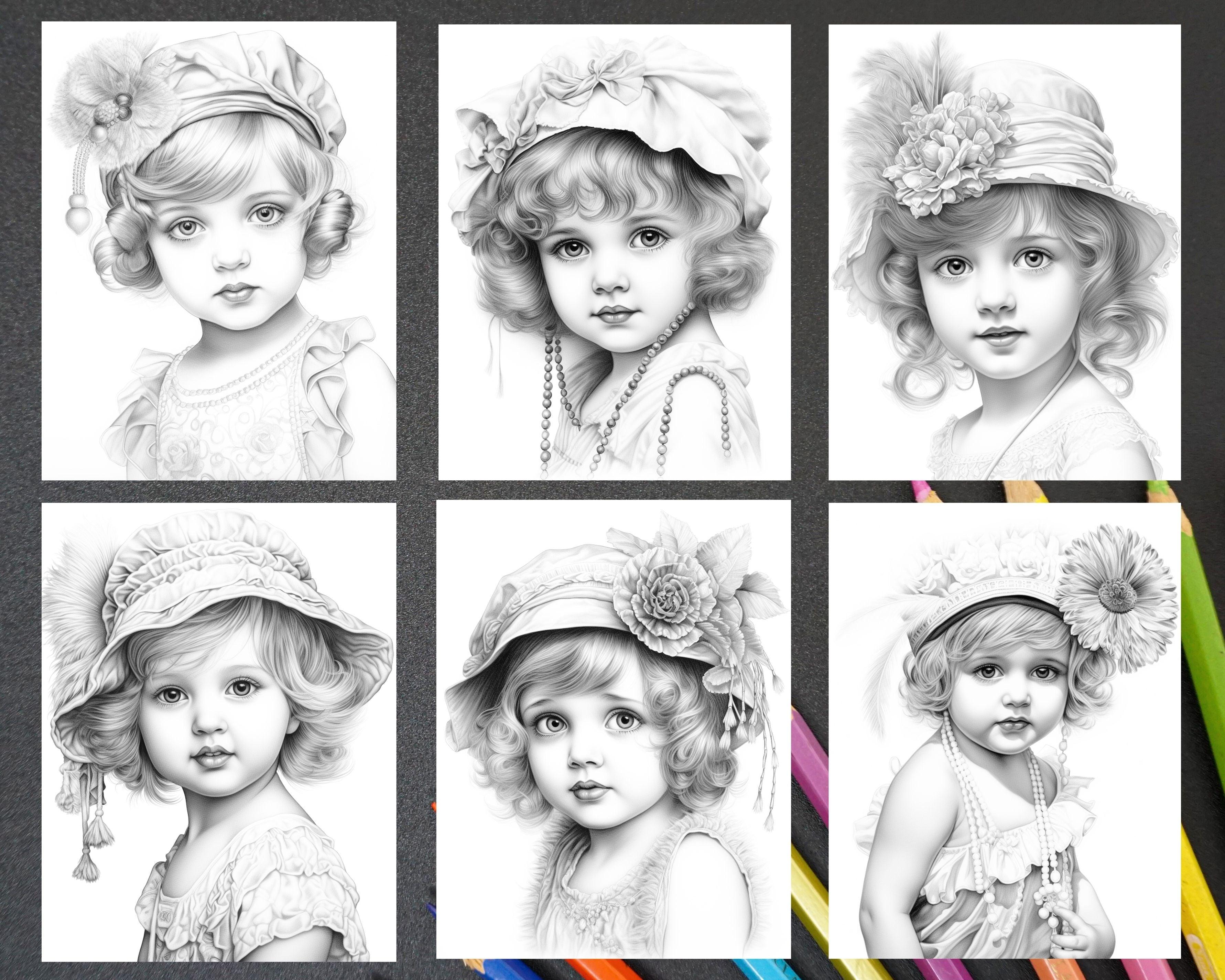 50 Vintage Flapper Baby Girls Grayscale Coloring Pages for Adults, Pri ...