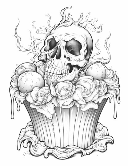 Halloween Spooky Cupcakes Coloring Pages, Free Grayscale Coloring Sheets, Printable Halloween Coloring Pages, Kids and Adults Coloring Activity, Halloween Cupcake Art