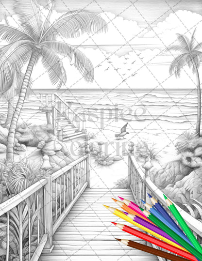 Beautiful Tropical Beach Grayscale Coloring Pages Printable for Adults, PDF File Instant Download - raspiee