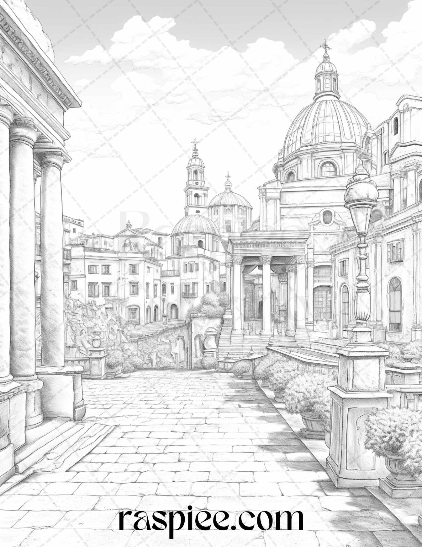 Roman Architecture Grayscale Coloring Pages Printable for Adults, PDF