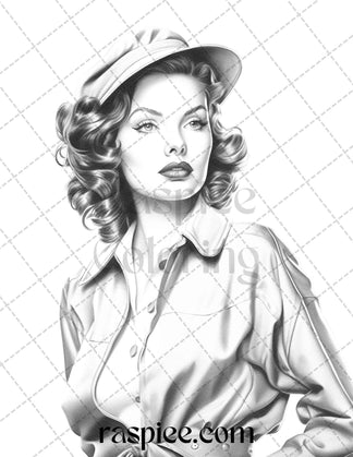 Vintage Fashion Grayscale Coloring Pages Printable for Adults, PDF Fil ...