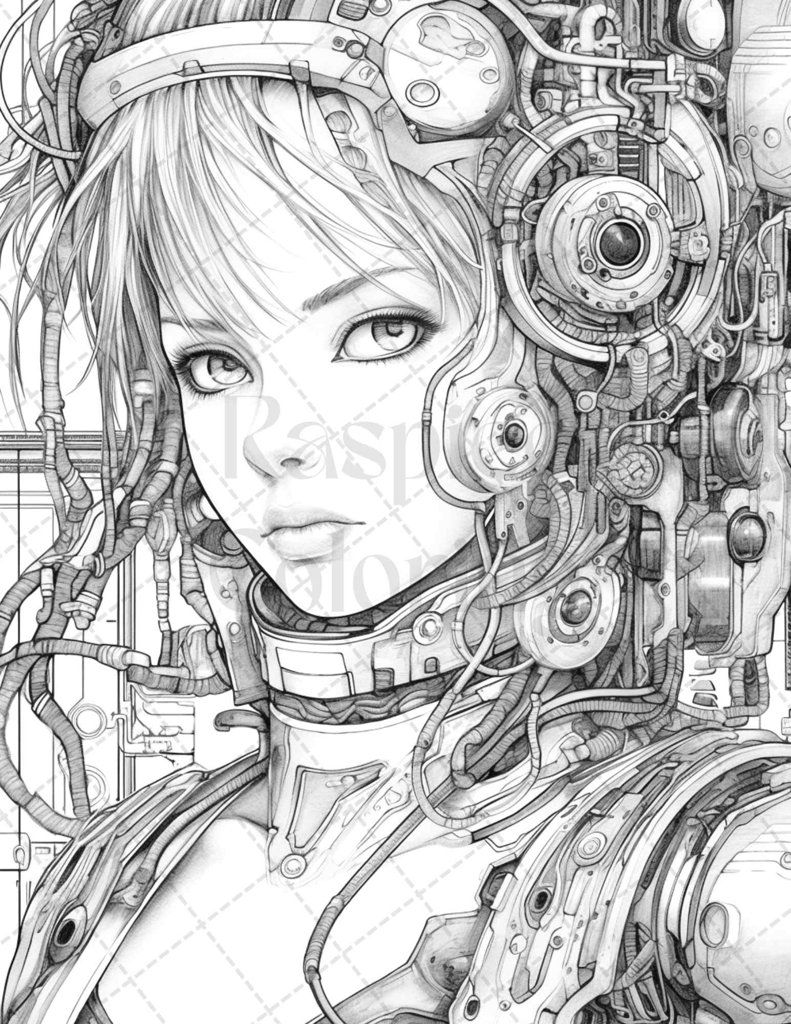 Cyborg girls grayscale coloring pages, printable coloring book for adults, stress relief artwork, unique grayscale illustrations, printable art for creative therapy, portrait coloring pages for adults