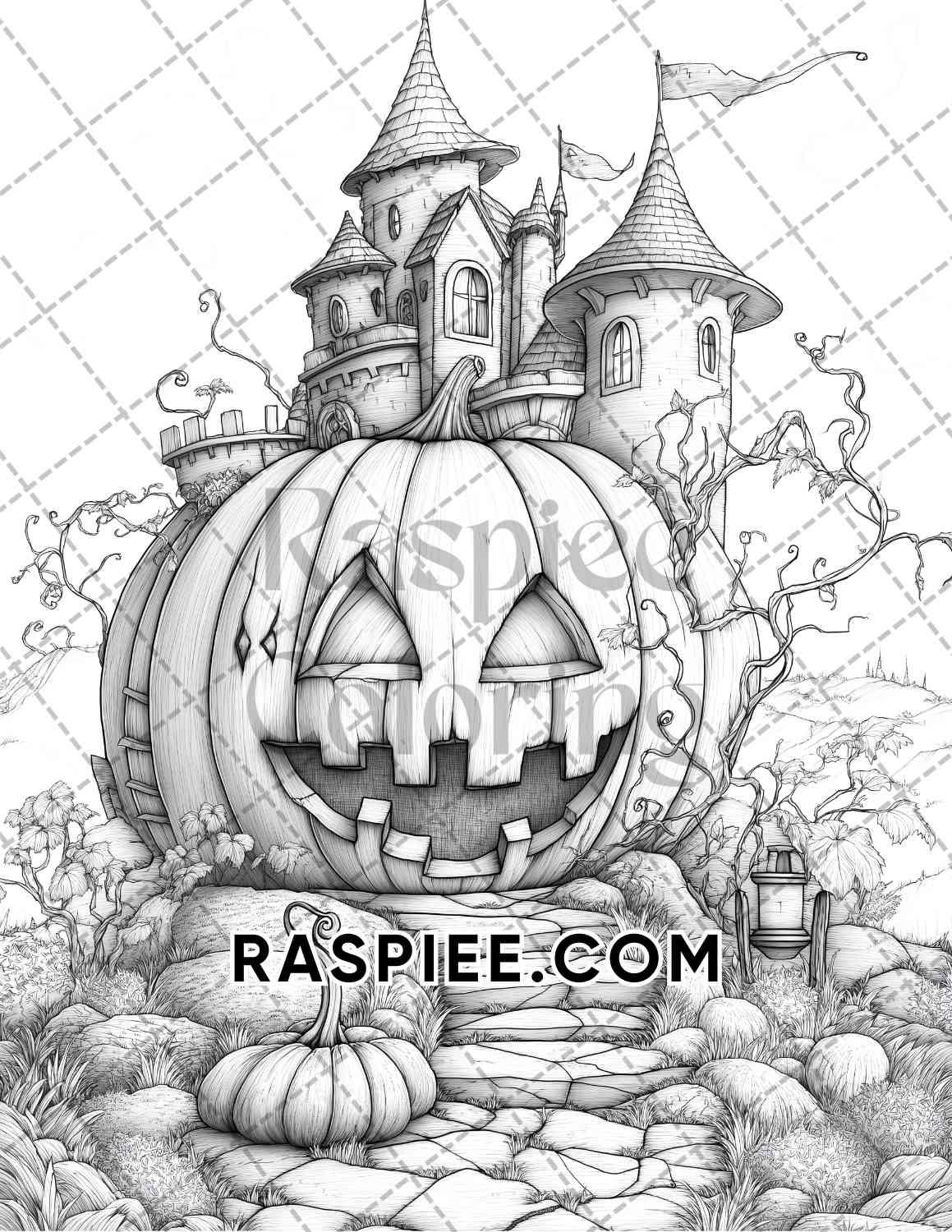 Fantasy Giant Pumpkin Castles Adult Coloring Pages Printable PDF Instant Download - RASPIEE