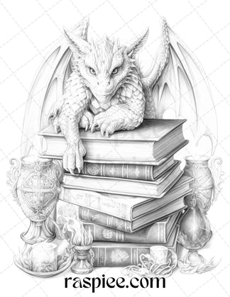 50 Magical Books Grayscale Coloring Pages Printable for Adults, PDF Fi ...