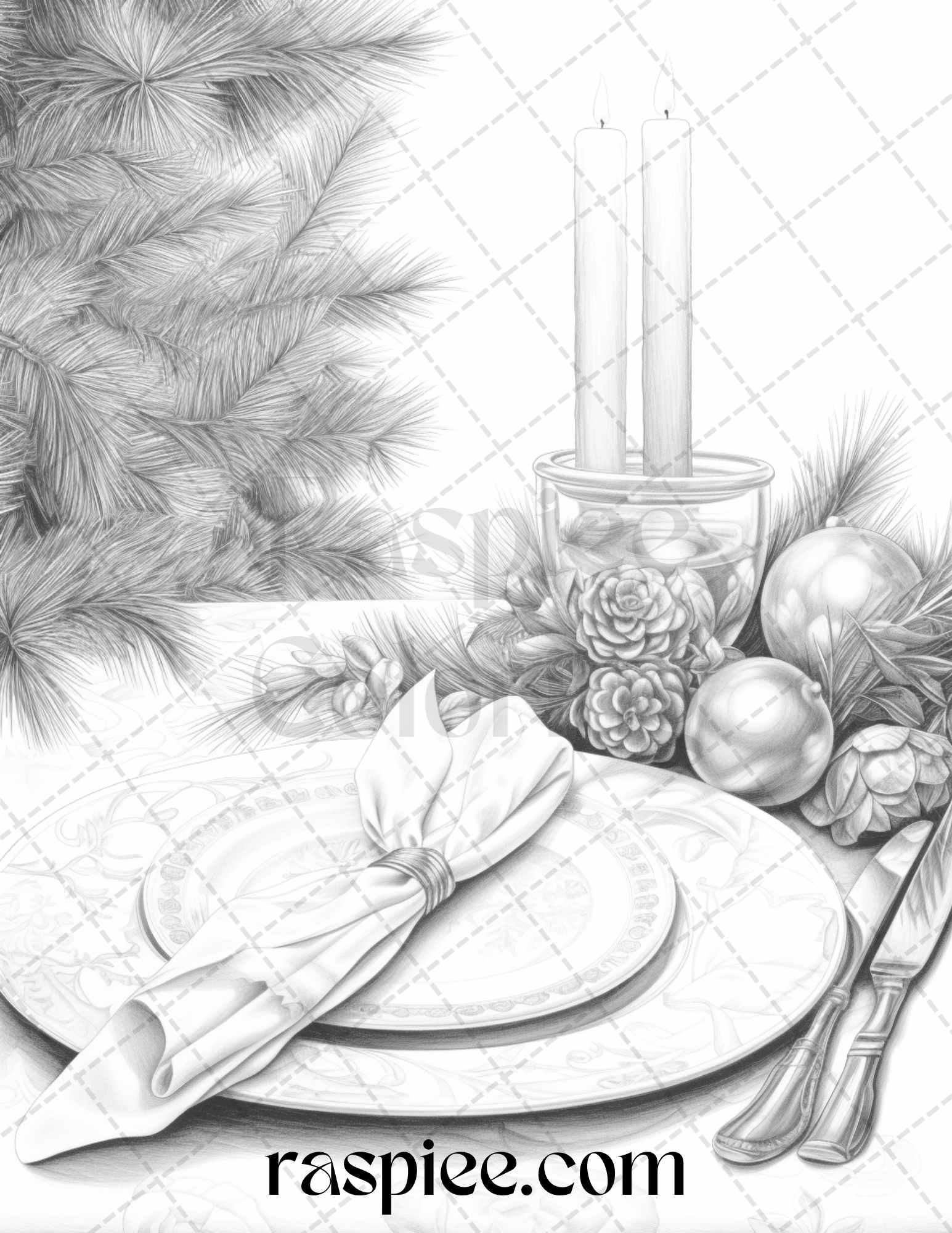 Christmas decoration grayscale coloring page, Adult printable coloring page, Festive holiday coloring pattern, Christmas ornaments coloring image, Xmas coloring design for adults