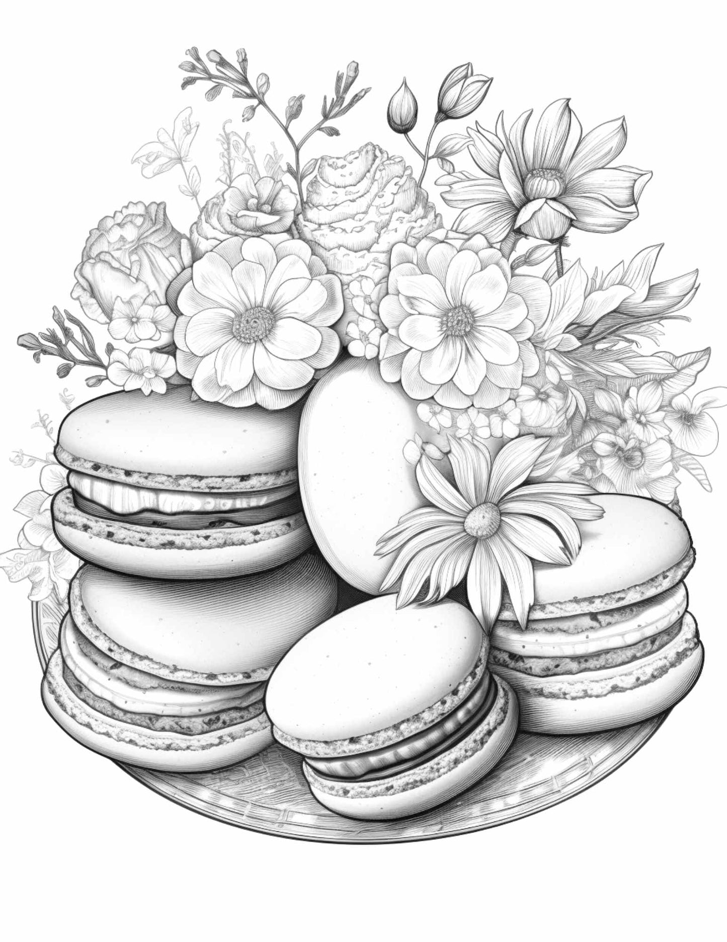 vintage macarons grayscale coloring pages, printable coloring pages for adults, free coloring pages, grayscale art, macarons coloring