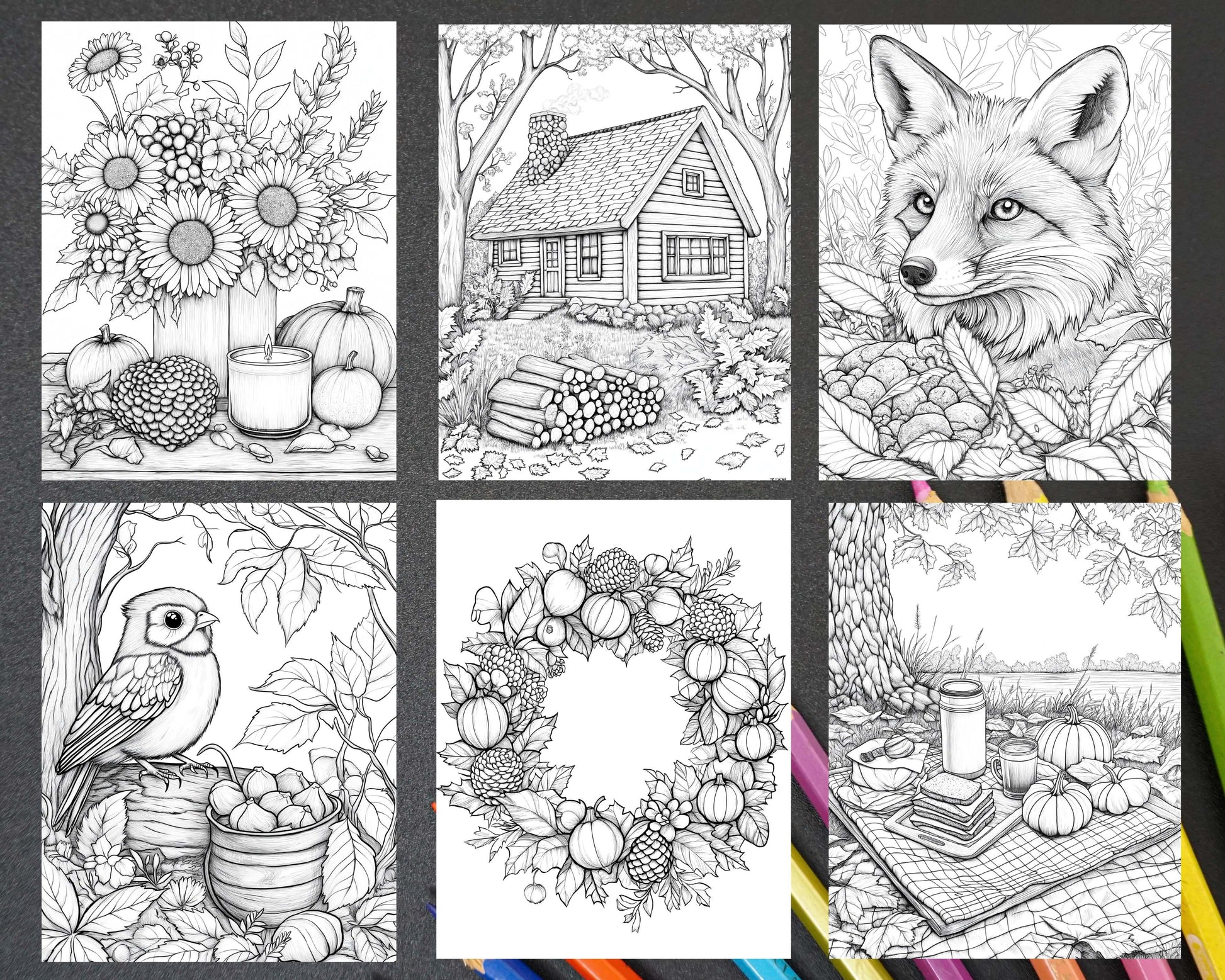 Autumn Charm Adult Coloring Pages Printable PDF Instant Download - RASPIEE