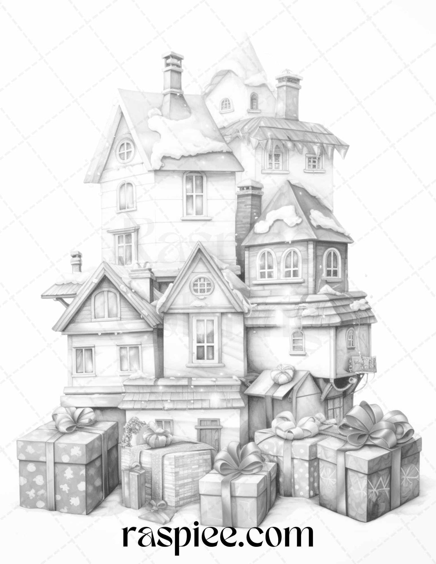 Grayscale Coloring Pages for Adults and Kids, Printable Gift Box Houses Coloring Sheets, Cute Coloring Pages for Adults and Children, DIY Gift Box Coloring for All Ages, Fun and Relaxing Coloring Activities, Creative Art Therapy for Kids and Adults