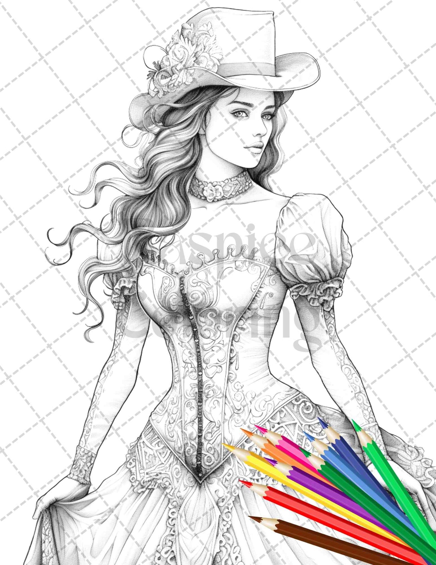 Victorian fashion grayscale coloring pages, printable grayscale coloring sheets, grayscale illustrations for adults, vintage fashion coloring, detailed grayscale artwork
