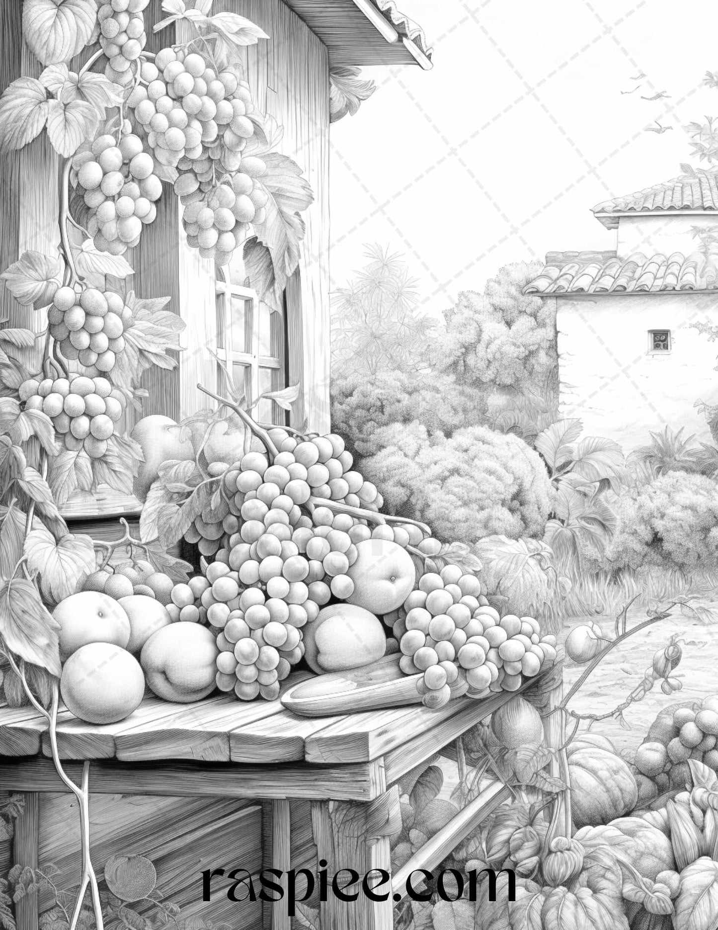 Fruit garden grayscale coloring pages, printable adult coloring, relaxation botanical art, stress relief coloring, detailed grayscale illustrations