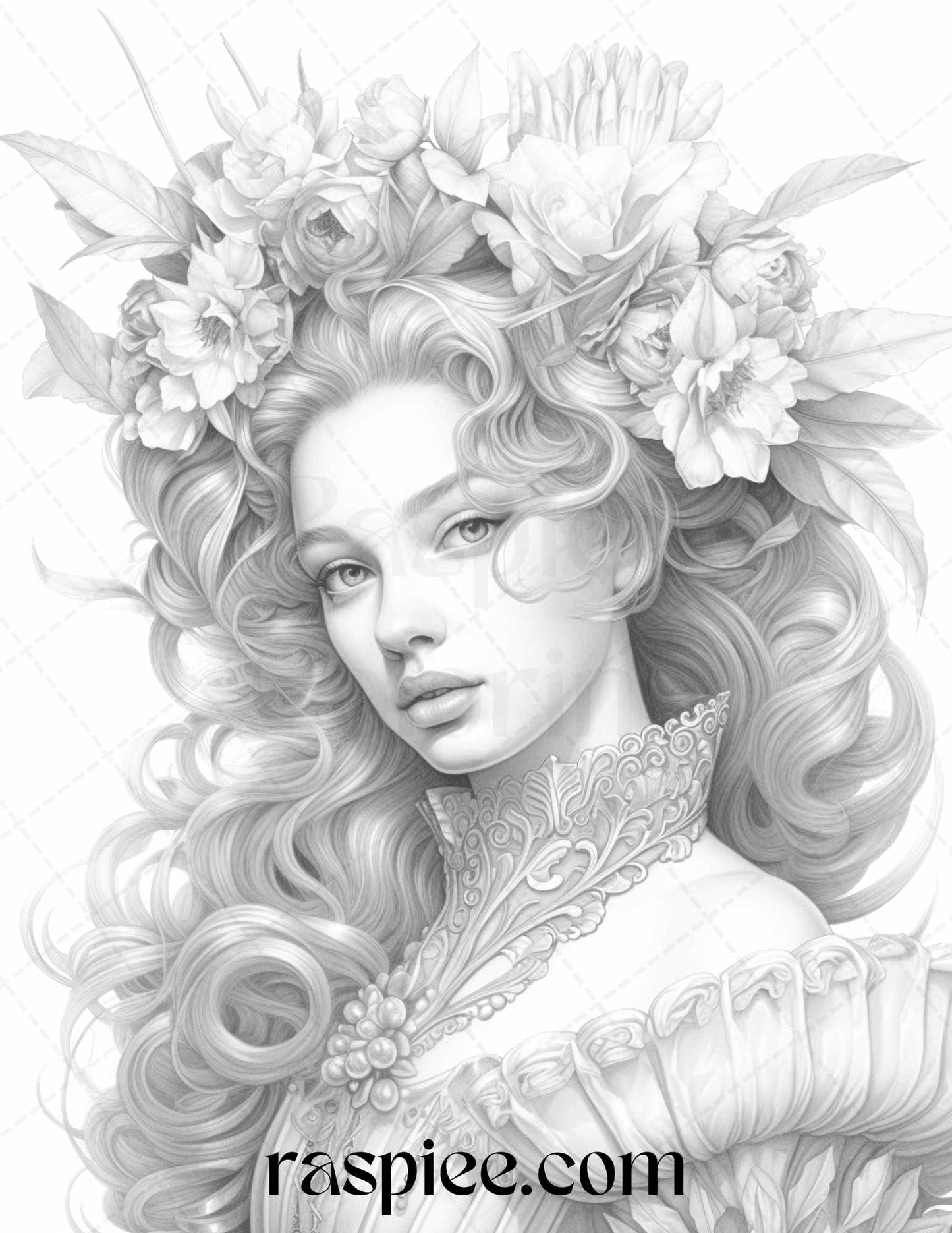 Baroque Women Portrait Coloring Page, Grayscale Adult Coloring Book, Printable Art for Stress Relief, Relaxation Coloring Page, Detailed Coloring Sheet, Coloring Book for Adults