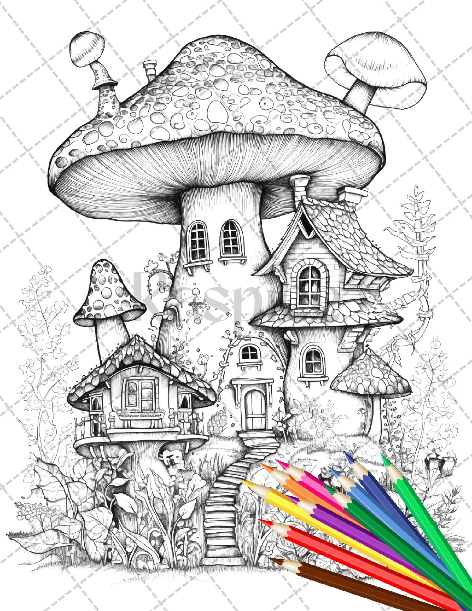 10 Mushroom House Coloring Pages Printable for Adults: Escape into a Whimsical World