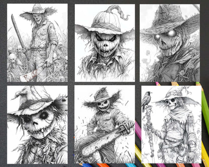 Horror Scarecrow Halloween Adult Coloring Pages Printable PDF Instant Download