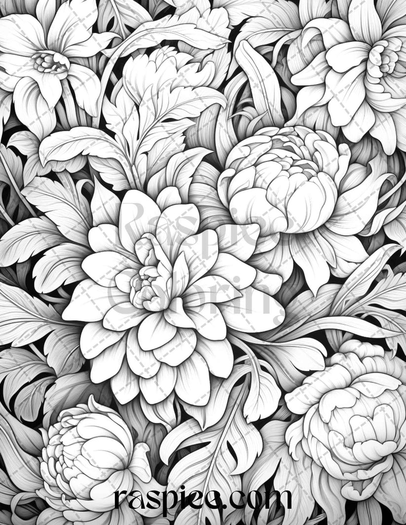 50 Vintage Floral Patterns Grayscale Coloring Pages Printable for Adul