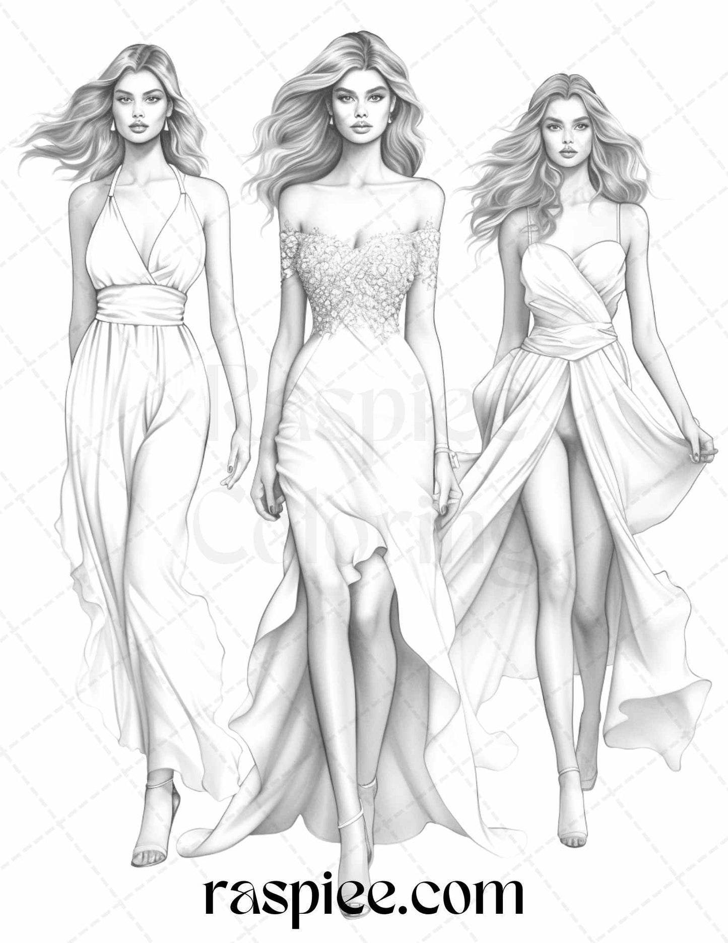 grayscale coloring pages, fashion show coloring, printable for adults, detailed art designs, fashion-themed coloring, instant download