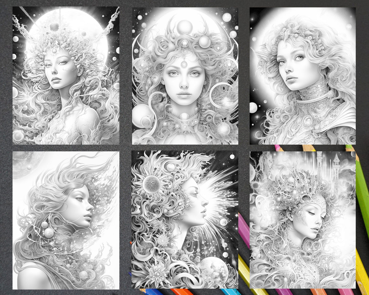 40 Galaxy Queen Sci-Fi & Fantasy Grayscale Coloring Pages for Adults, Printable PDF Instant Download