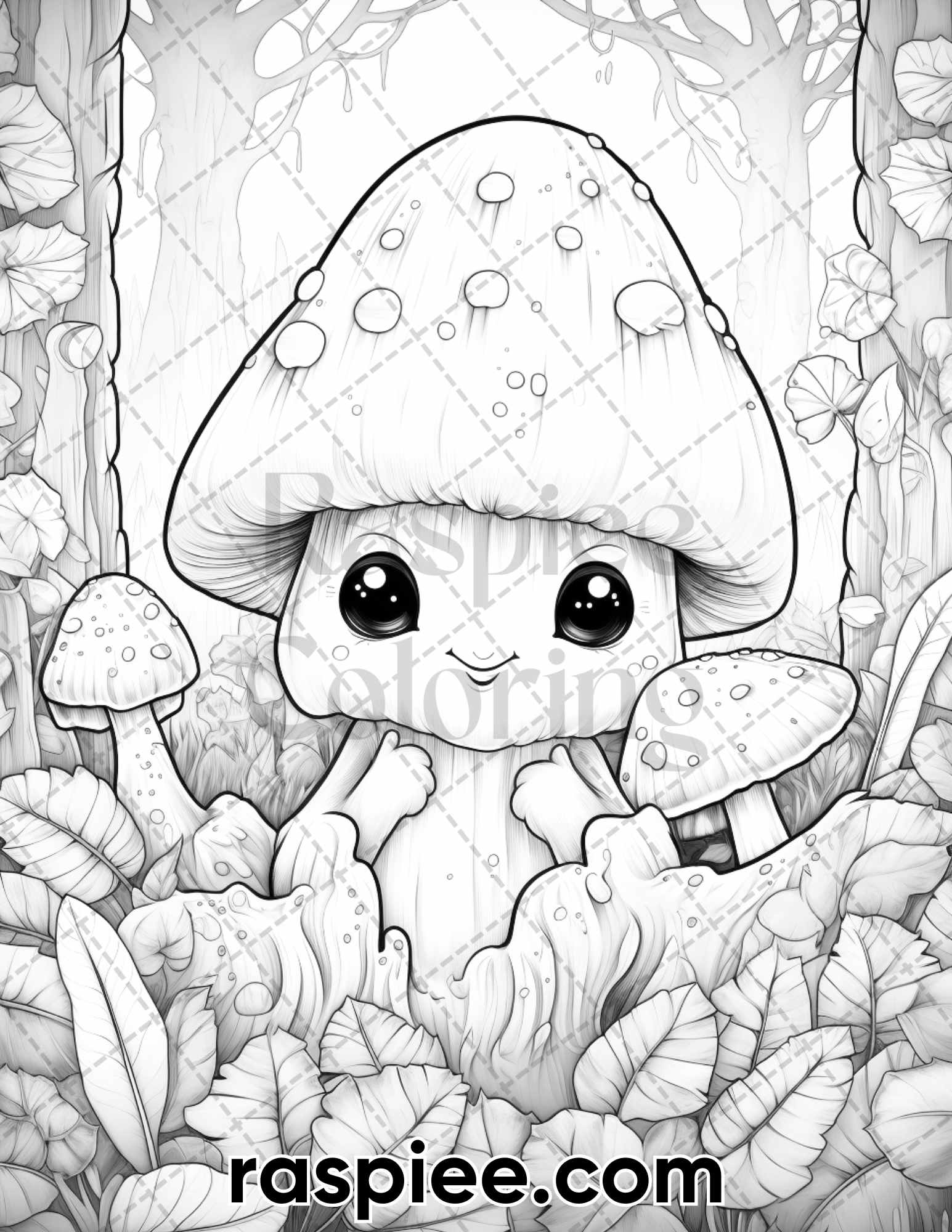 Kawaii Mushroom Coloring Pages, Grayscale Coloring for Adults, Cute Mushroom Coloring Pages, Stress-Relief Coloring, Kawaii Coloring Pages for Adults, Kawaii Coloring Book Printable, Kawaii Coloring Sheets