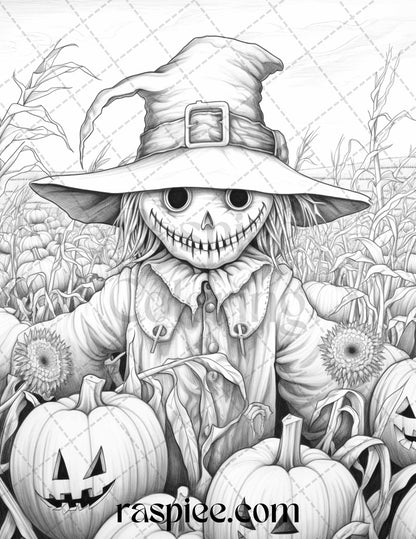 50 Halloween Scarecrows Grayscale Coloring Pages Printable for Adults, PDF File Instant Download