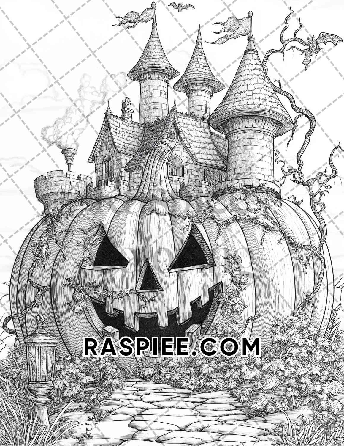 Fantasy Giant Pumpkin Castles Adult Coloring Pages Printable PDF Instant Download - RASPIEE