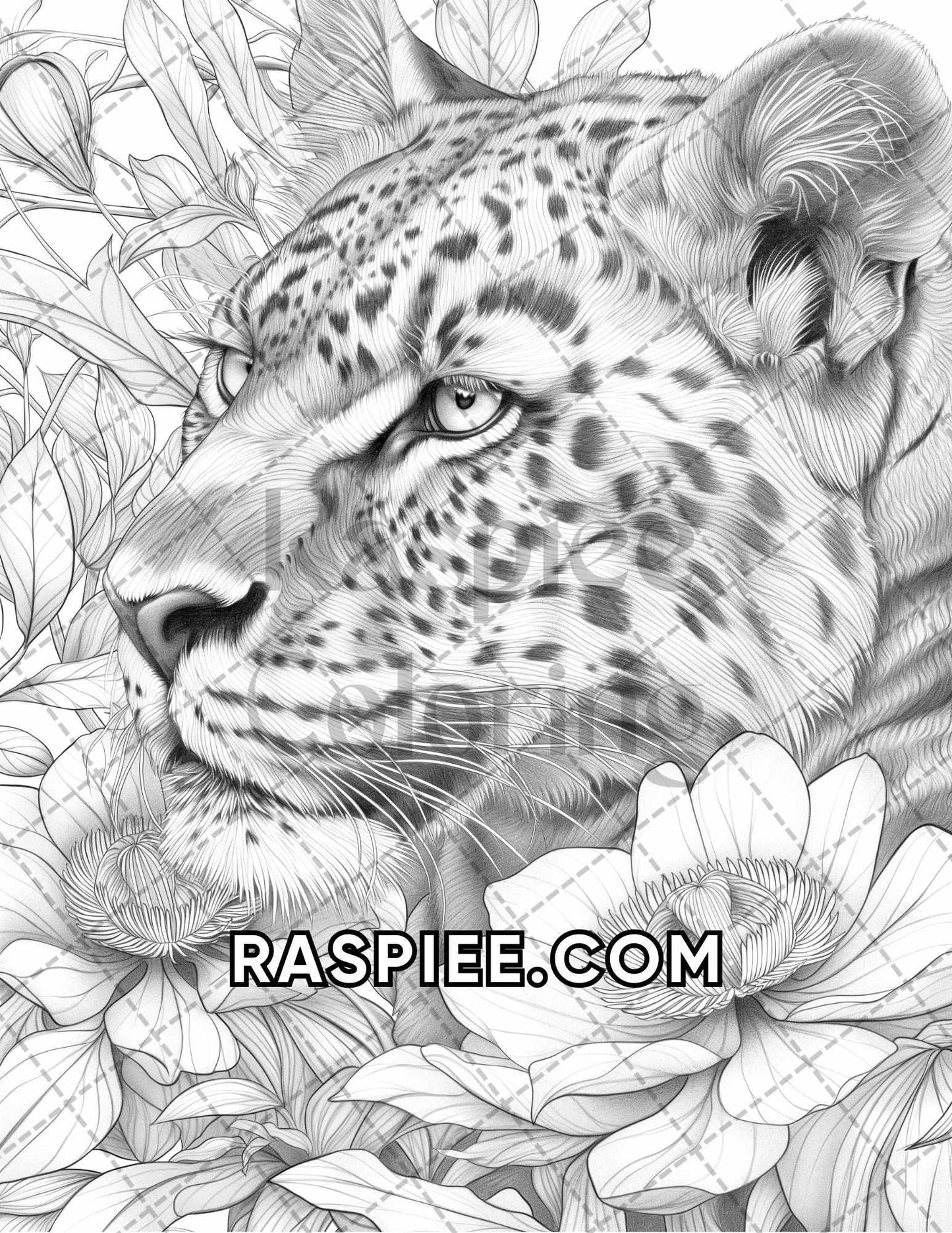 75 Animals in Flowers Grayscale Adult Coloring Pages Printable PDF Instant Download - RASPIEE