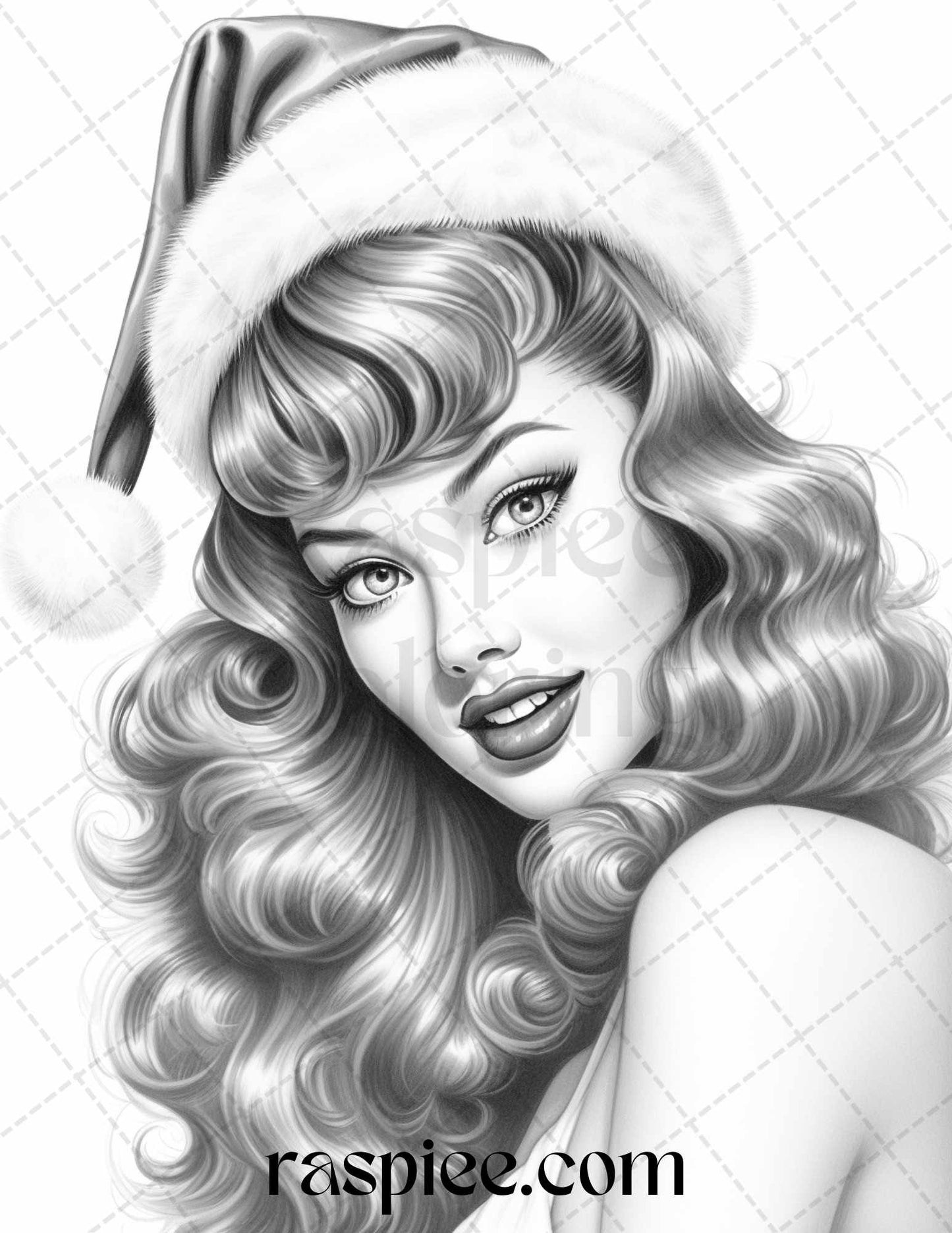 55 Vintage Christmas Pin Up Girls Grayscale Coloring Pages for Adults, Printable PDF File Instant Download