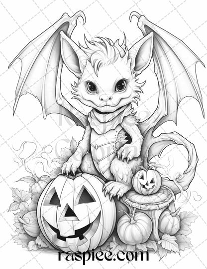 50 Cute Pumpkin Dragons Graycale Coloring Pages for Adults and Kids, Printable PDF File Instant Download