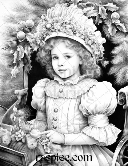 50 Vintage Christmas Girls Grayscale Coloring Pages for Adults and Kids, Printable PDF File Instant Download