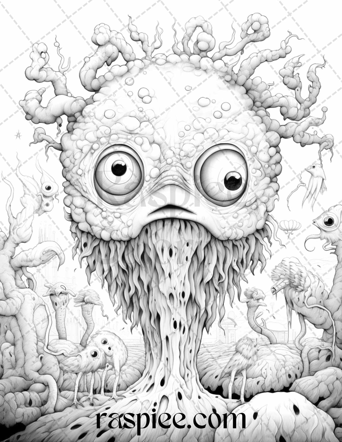 53 Surreal Creatures Grayscale Coloring Pages for Adults, Printable PDF File Instant Download