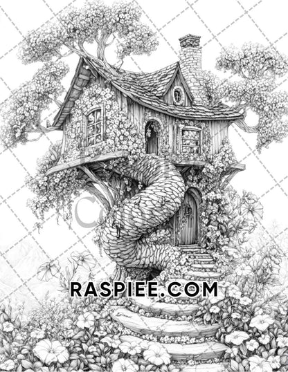 Fantasy Flower Houses Adult Coloring Pages Printable PDF Instant Download