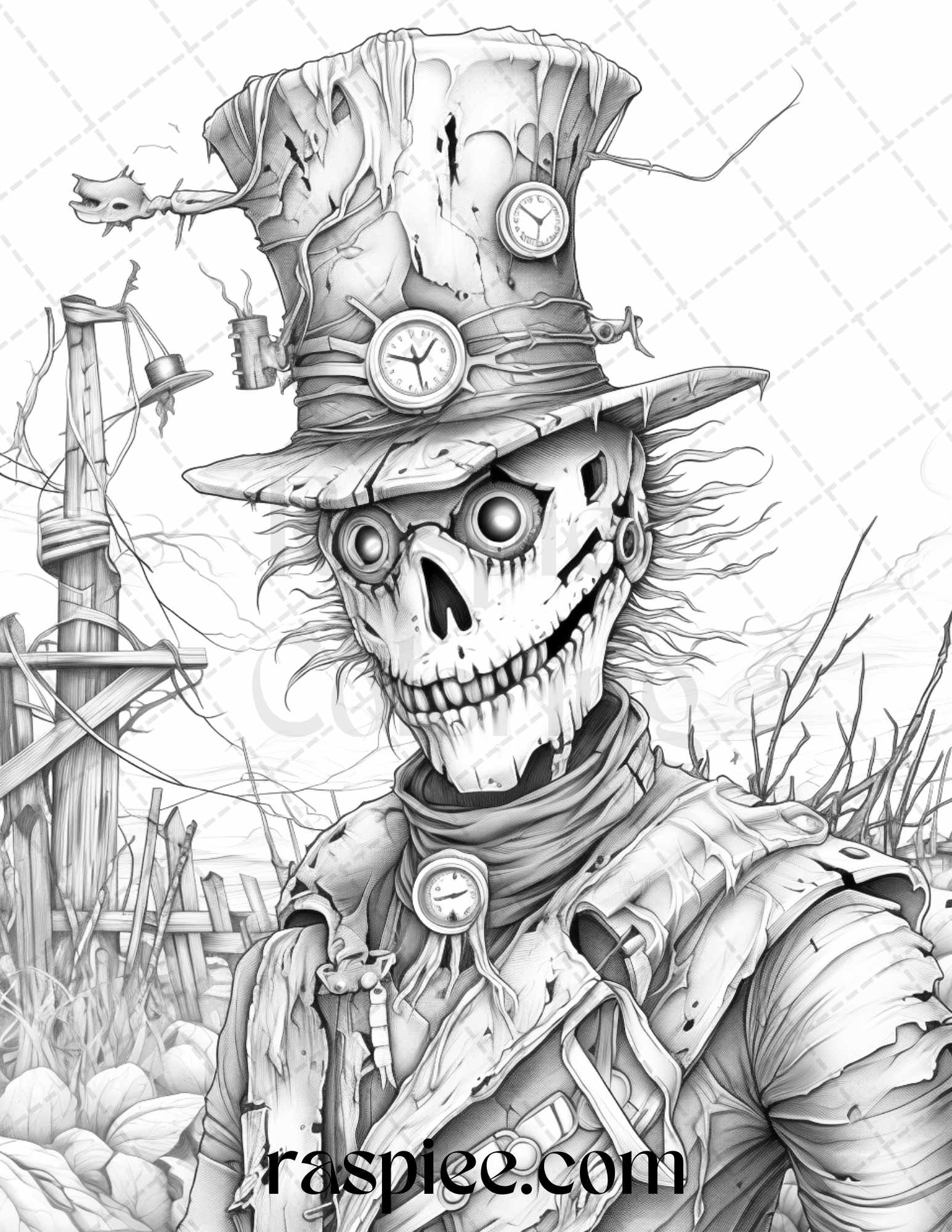53 Scary Steampunk Scarecrows Grayscale Coloring Pages Printable for Adults, PDF File Instant Download - Raspiee Coloring