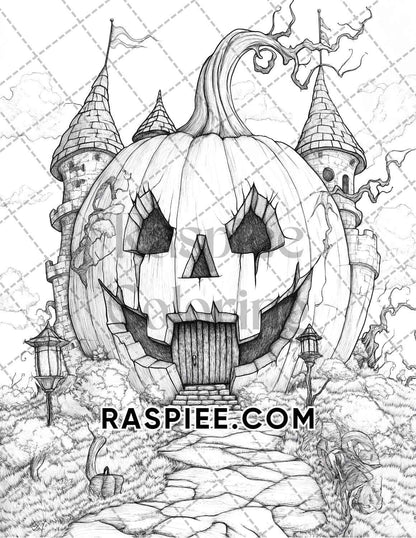 Fantasy Giant Pumpkin Castles Adult Coloring Pages Printable PDF Instant Download - RASPIEE