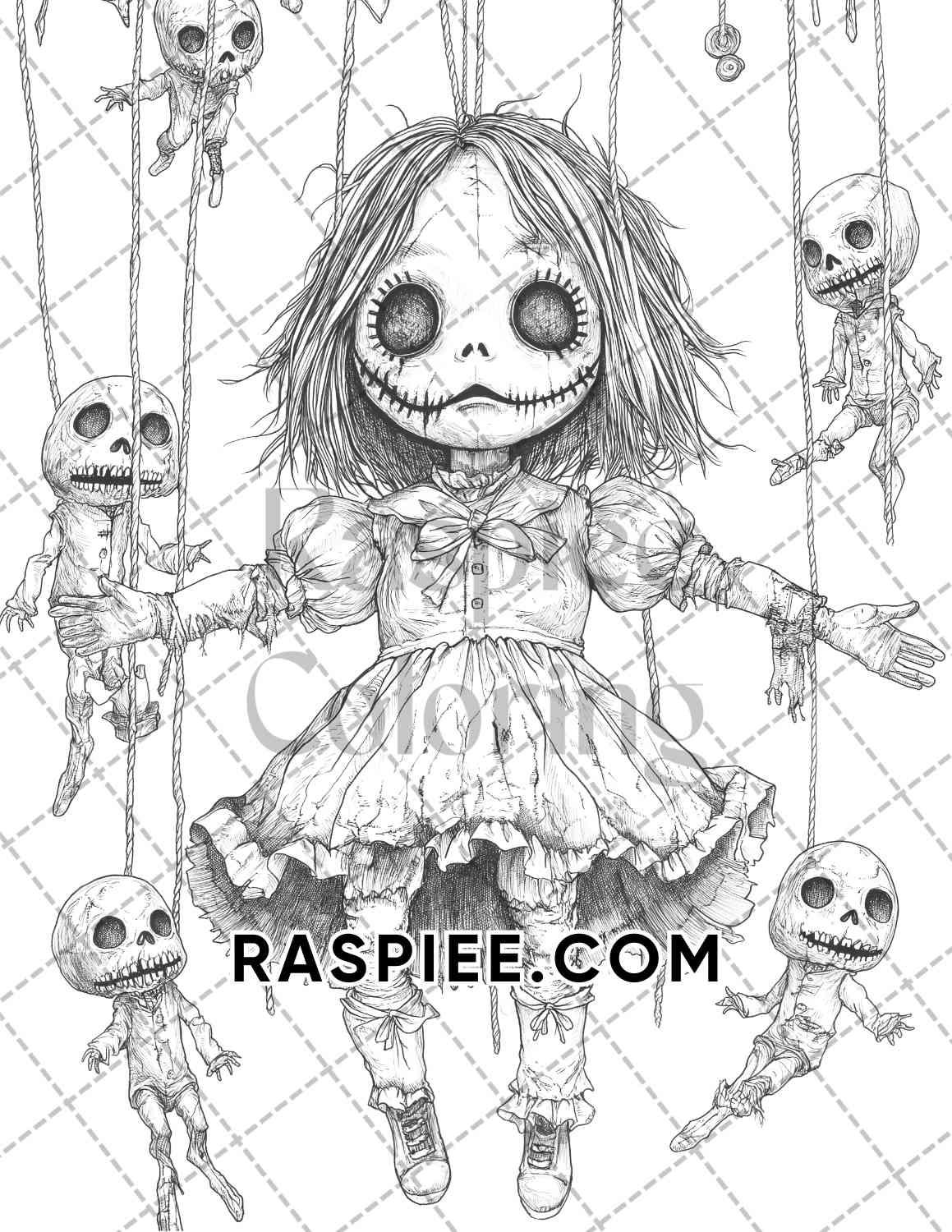 Haunted Dolls Halloween Horror Adult Coloring Pages Printable PDF Instant Download - RASPIEE