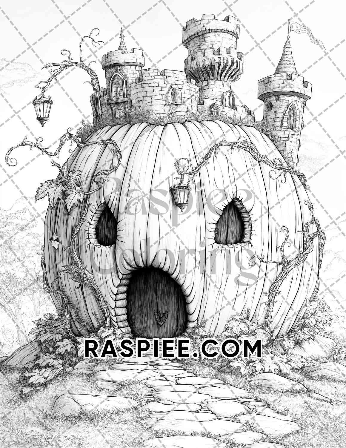 Fantasy Giant Pumpkin Castles Adult Coloring Pages Printable PDF Instant Download - RASPIEE