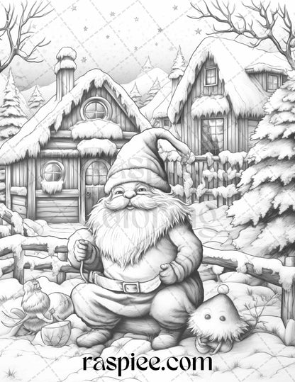 60 Christmas Gnomes Grayscale Coloring Pages Printable for Adults and Kids, PDF File Instant Download