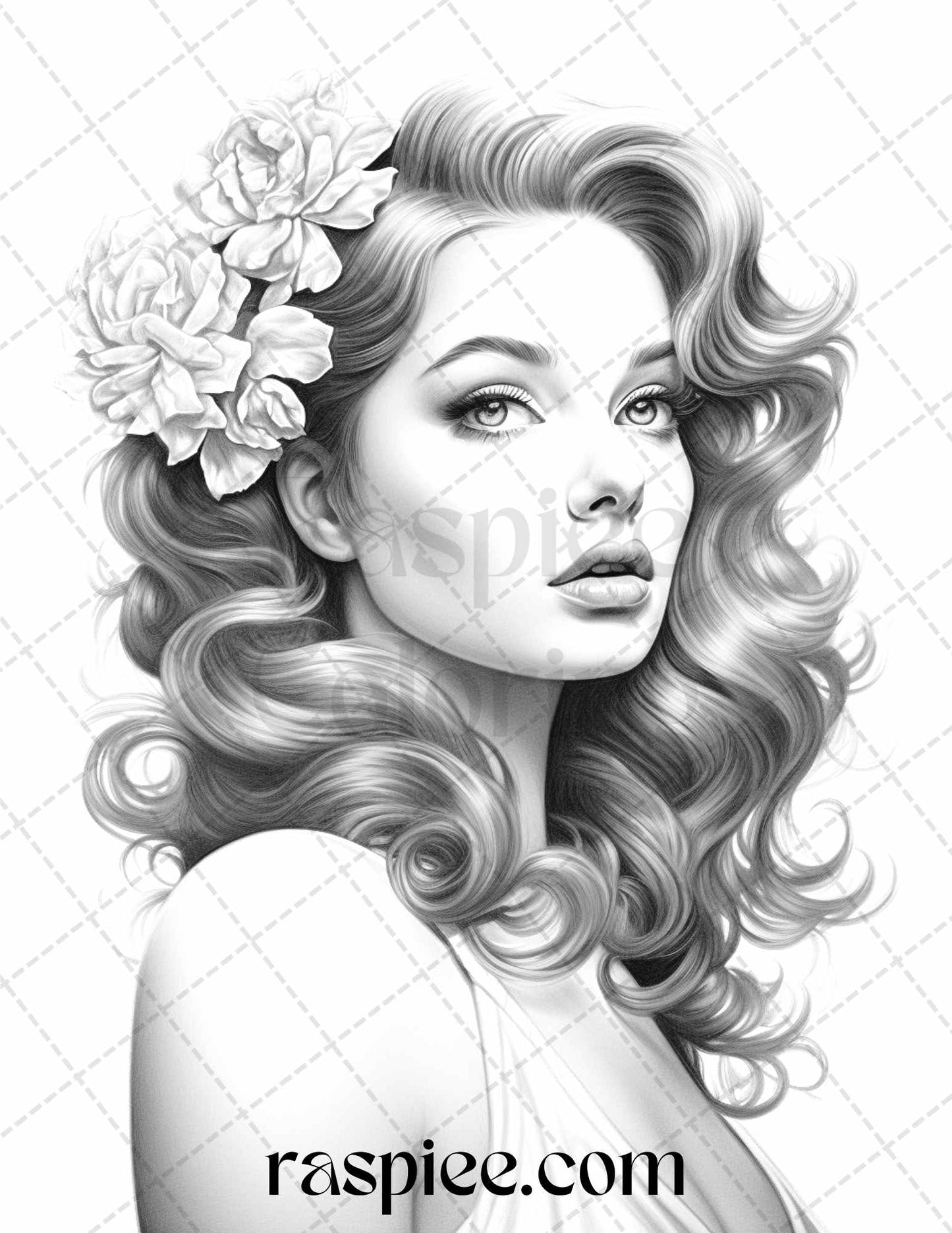 50 Vintage Pin Up Girls Grayscale Coloring Pages Printable for Adults, PDF File Instant Download - raspiee