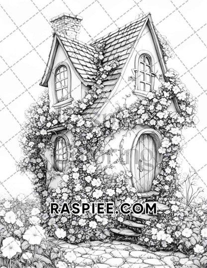 Fantasy Flower Houses Adult Coloring Pages Printable PDF Instant Download