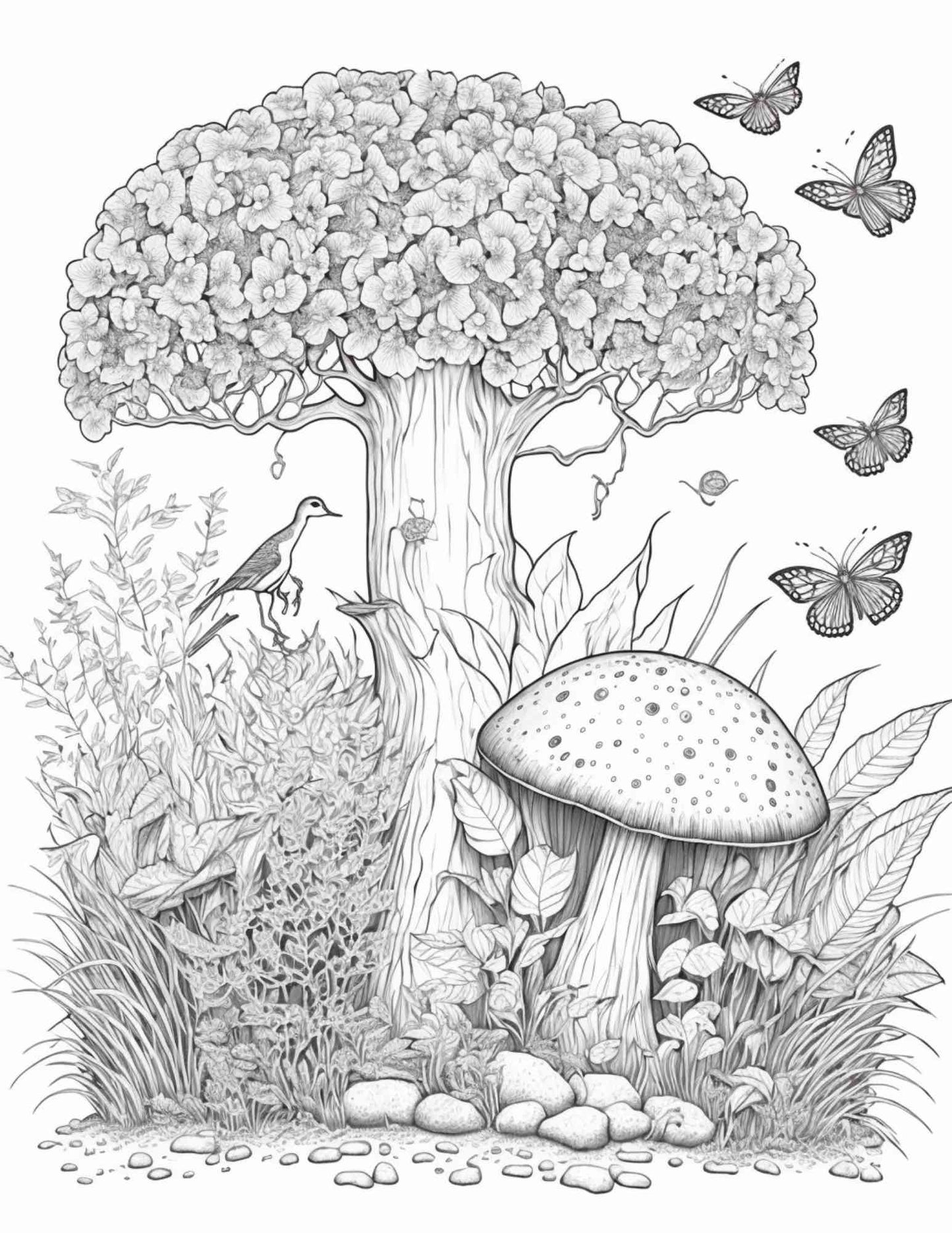 100 páginas para colorear del bosque de hongos imprimibles para adultos y niños, libro para colorear en escala de grises, archivo PDF imprimible descarga instantánea