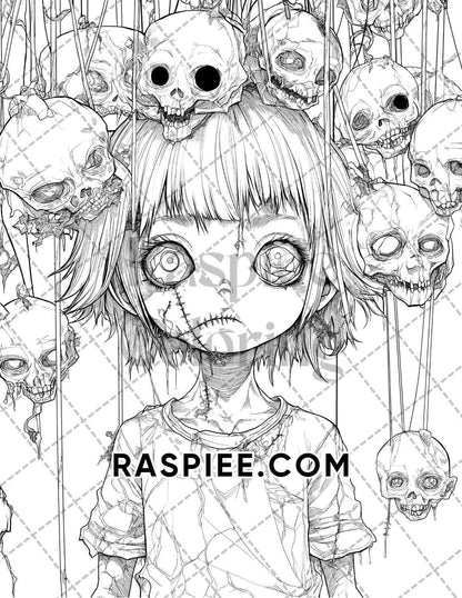 Haunted Dolls Halloween Horror Adult Coloring Pages Printable PDF Instant Download - RASPIEE