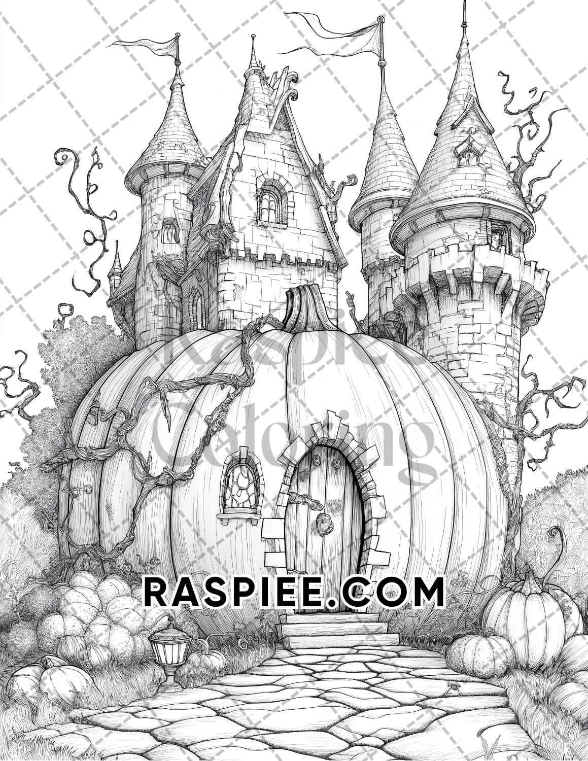 Fantasy Giant Pumpkin Castles Adult Coloring Pages Printable PDF Instant Download - RASPIEE