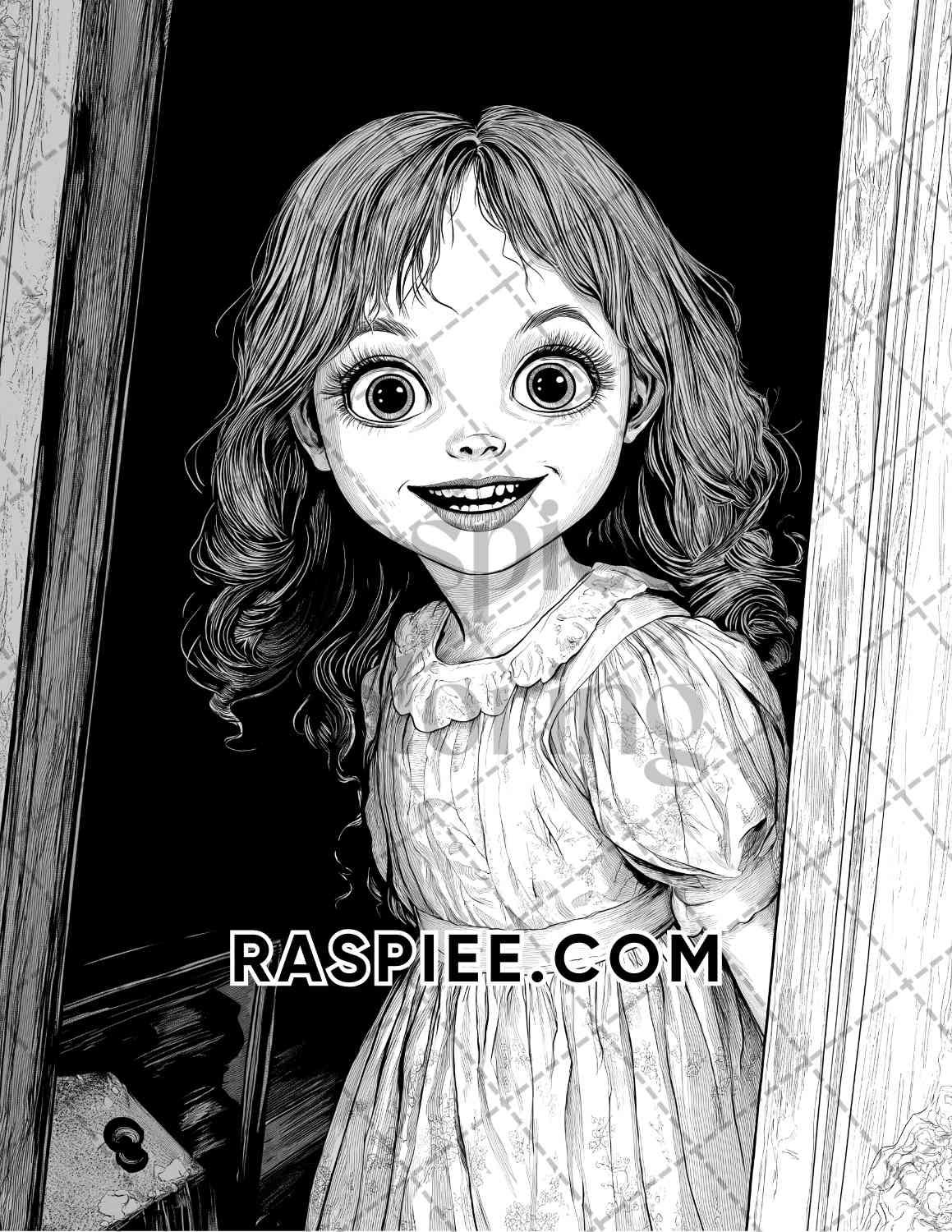 Haunted Dolls Halloween Horror Adult Coloring Pages Printable PDF Instant Download - RASPIEE