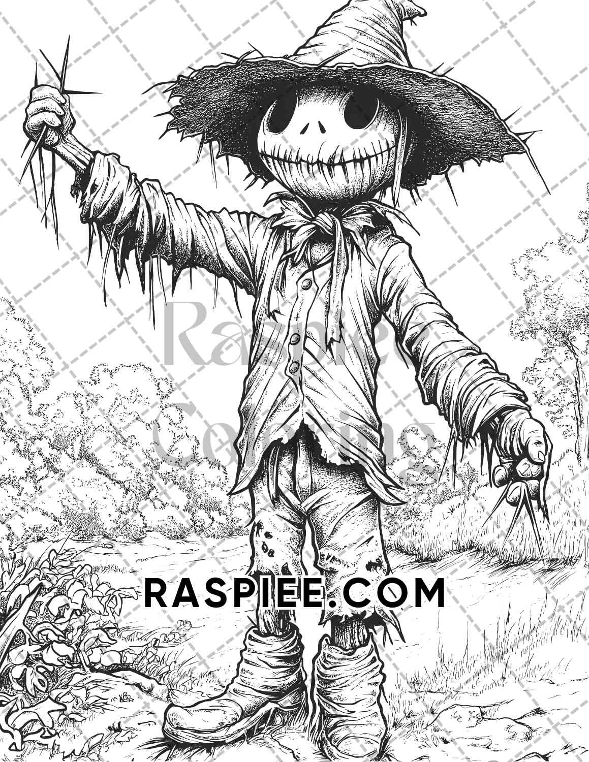 Horror Scarecrow Halloween Adult Coloring Pages Printable PDF Instant Download