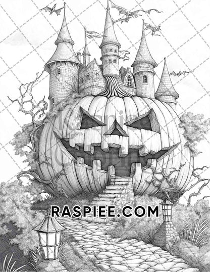 Fantasy Giant Pumpkin Castles Adult Coloring Pages Printable PDF Instant Download - RASPIEE