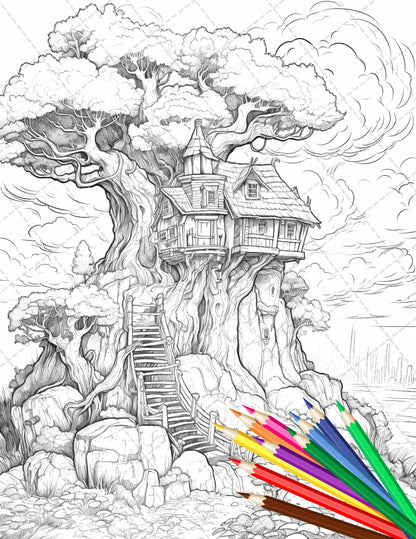 110 Enchanted Treehouse Coloring Book Printable for Adults, Grayscale Coloring Page, PDF File Instant Download