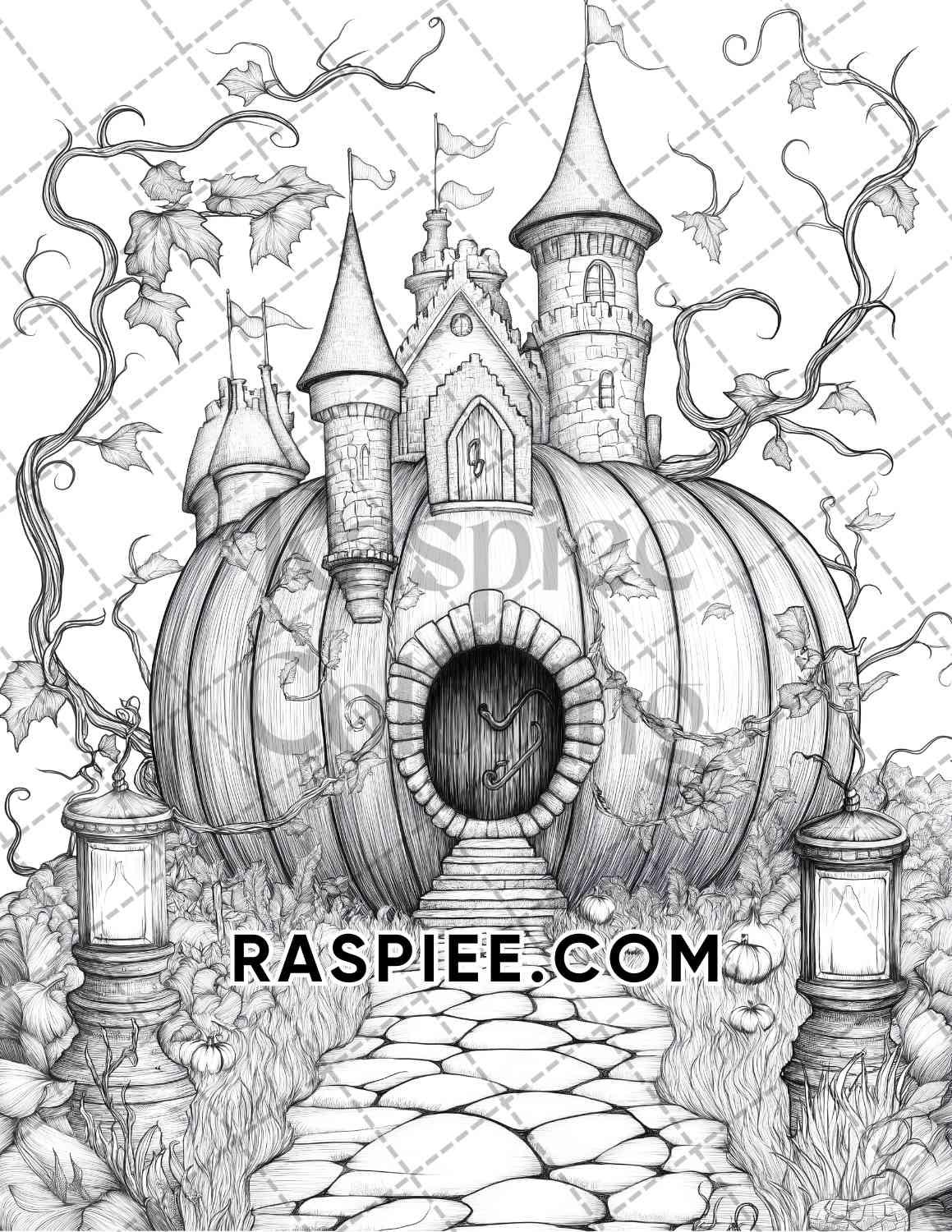 Fantasy Giant Pumpkin Castles Adult Coloring Pages Printable PDF Instant Download - RASPIEE