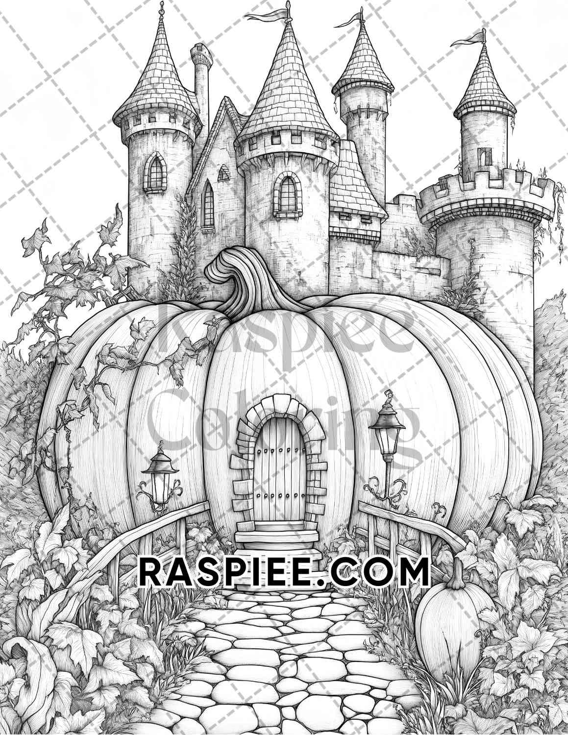 Fantasy Giant Pumpkin Castles Adult Coloring Pages Printable PDF Instant Download - RASPIEE