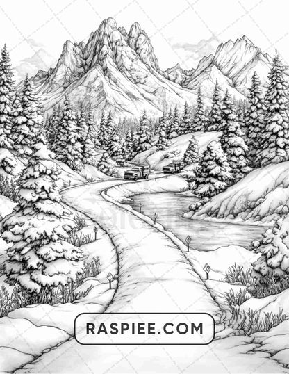 82 Winter Landscapes Adult Coloring Pages - RASPIEE