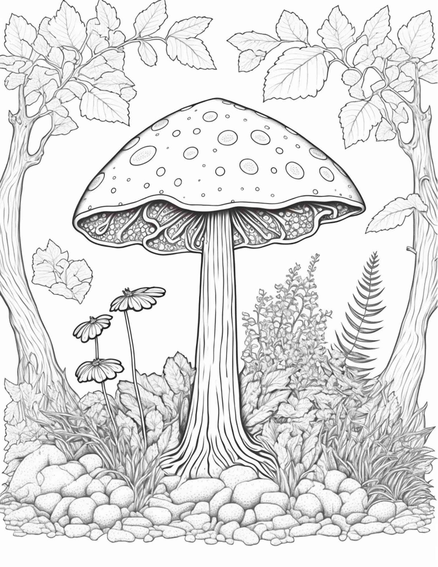 100 pages de coloriage de forêt de champignons imprimables pour adultes et enfants, livre de coloriage en niveaux de gris, fichier PDF imprimable Téléchargement immédiat